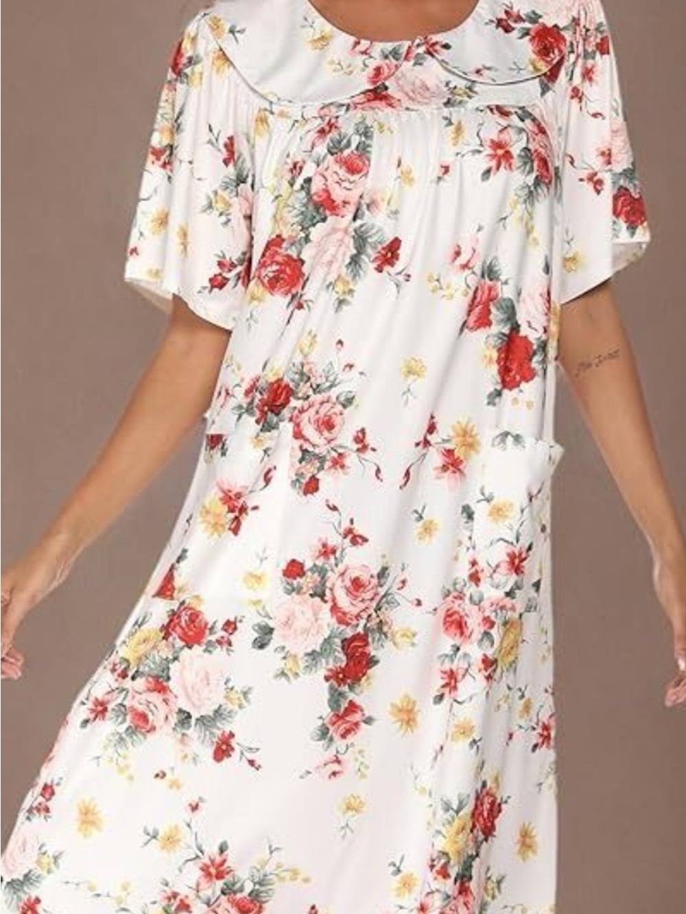 Cream Floral Maxi Dress with Red and Pink Bouquet Print
